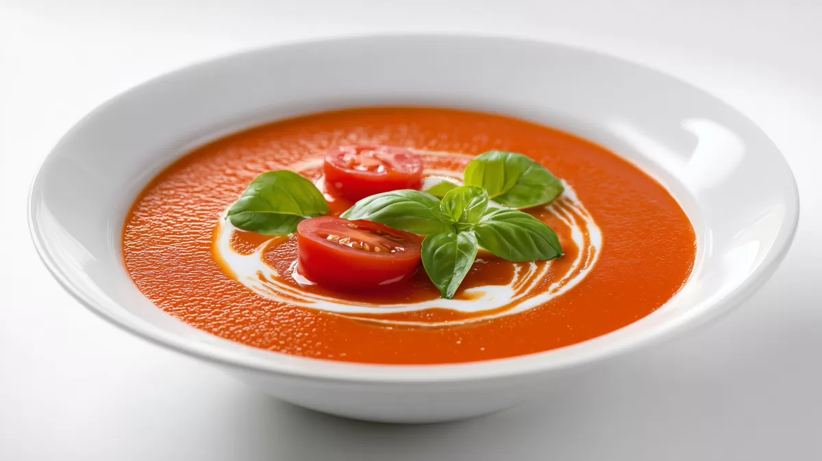Frische Tomatensuppe mit Basilikum im weißen Teller