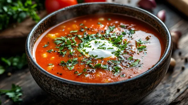 Frische Tomatensuppe mit Sauerrahm und Kräutern