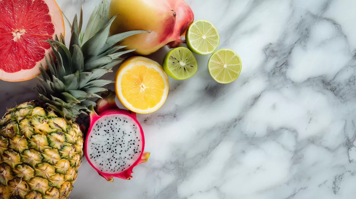 Frische, tropische Früchte auf Marmorplatte