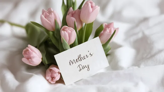 Frische Tulpen mit Muttertagskarte auf Bettdecke