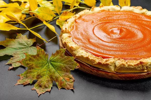 Frische und hausgemachte Kürbistorte mit herbstlicher Umrandung zu Thanksgiving