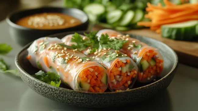 Frische vietnamesische Frühlingsrollen mit Erdnusssauce