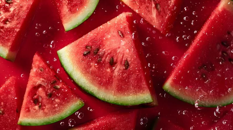 Frische Wassermelonen mit Tropfen auf rotem Hintergrund