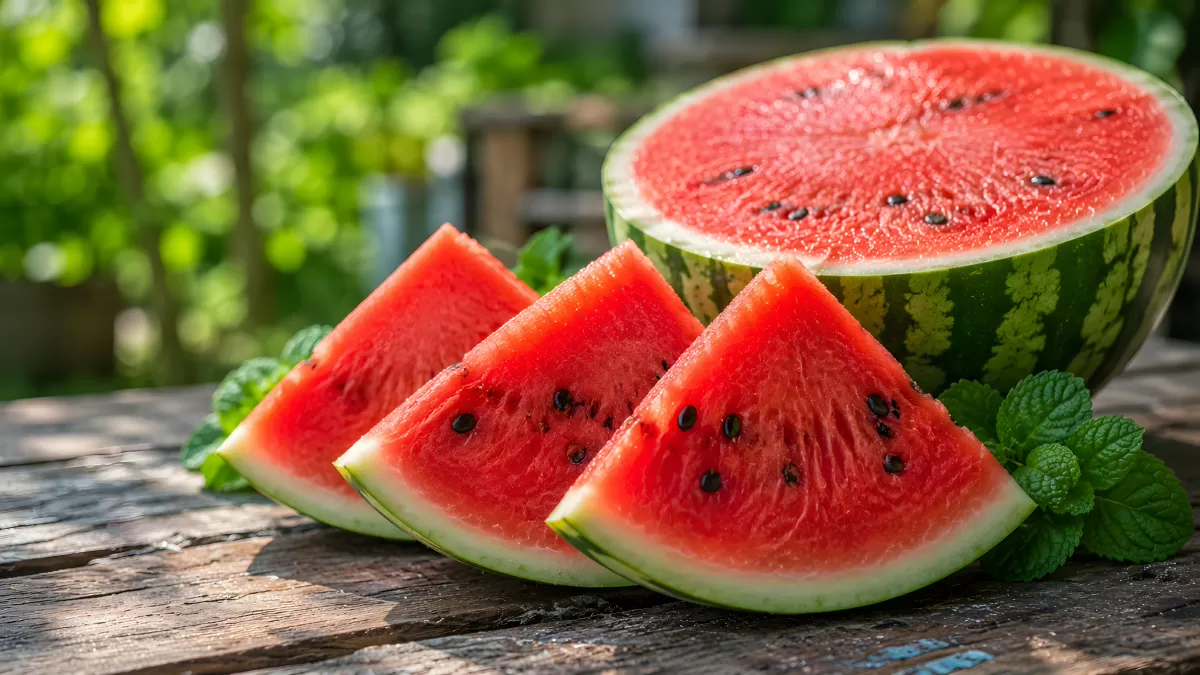 Frische Wassermelonenscheiben auf Holztisch im Sommer