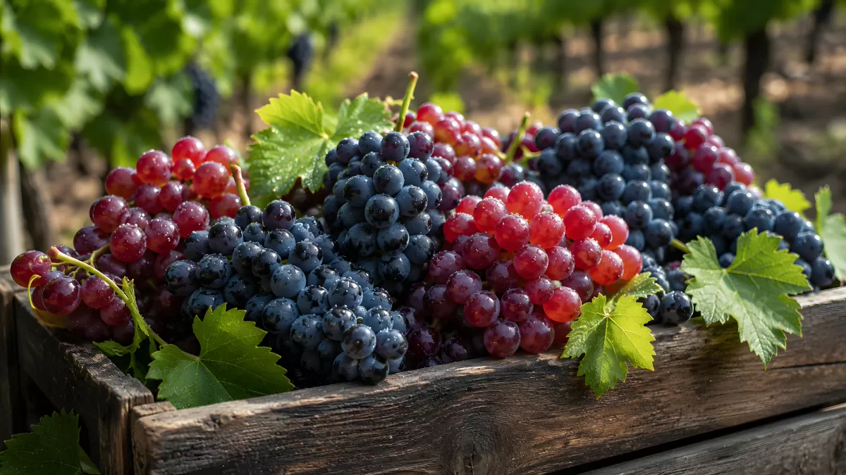 Frische Weintrauben in Holzkiste beim Weinberg