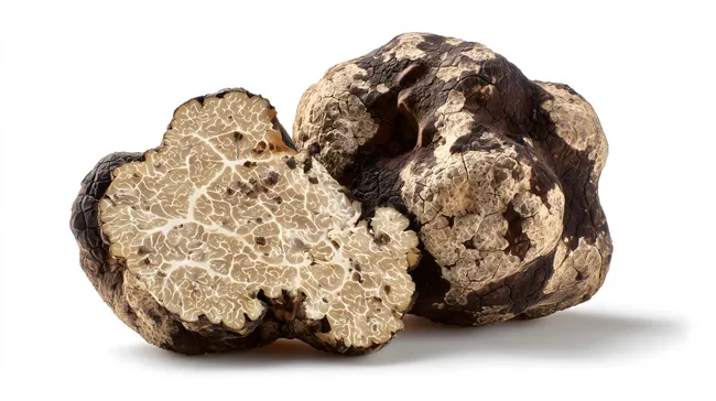 Frische weiße Trüffel angeschnitten auf weißem Hintergrund