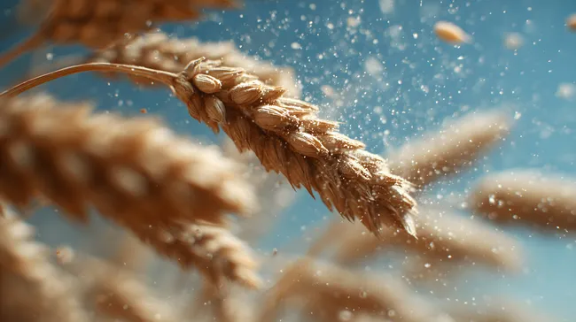 Frische Weizenähre mit fliegenden Körnern vor Himmelshintergrund