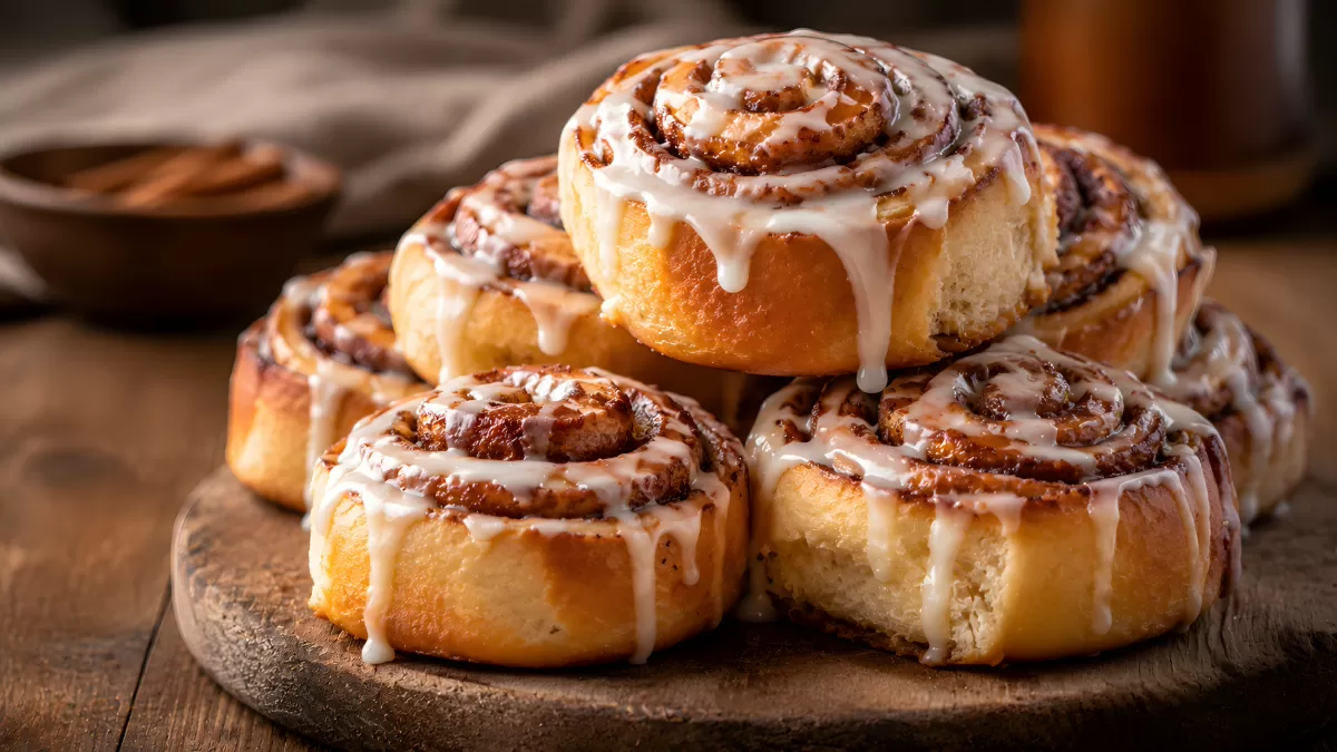 Frische Zimtschnecken mit Zuckerguss auf Holzbrett