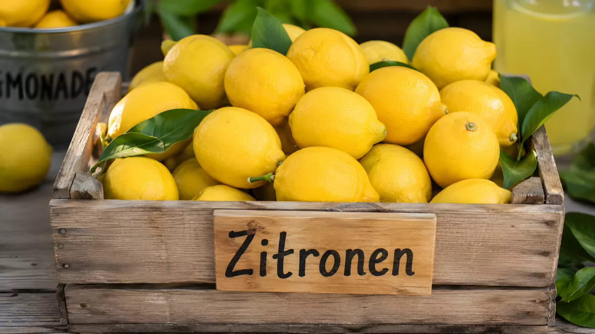 Frische Zitronen in einer rustikalen Holzkiste