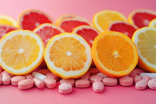 Frische Zitronen und Orangen auf rosafarbenen Tabletten