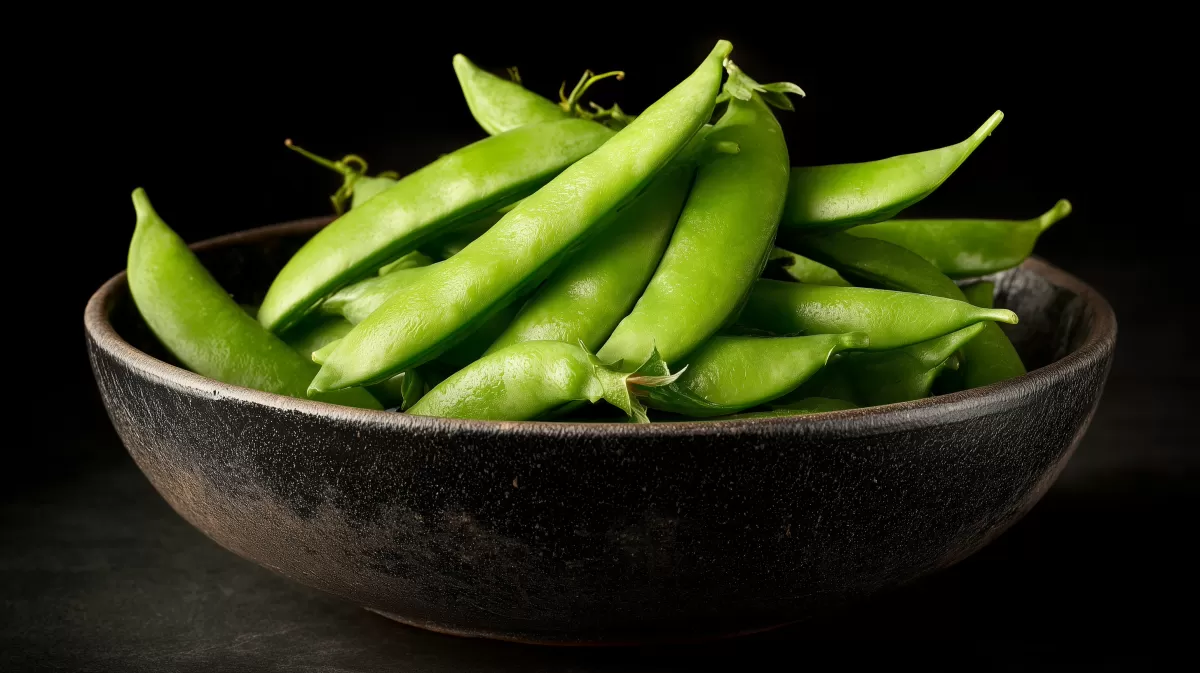 Frische Zuckerschoten in rustikaler Schale vor Schwarz