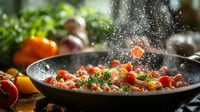 Frische Zutaten fliegen in eine heiße Pfanne beim Kochen