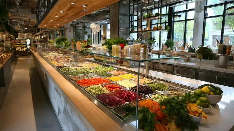 Frische Zutaten in moderner Salatbar mit Selbstbedienung