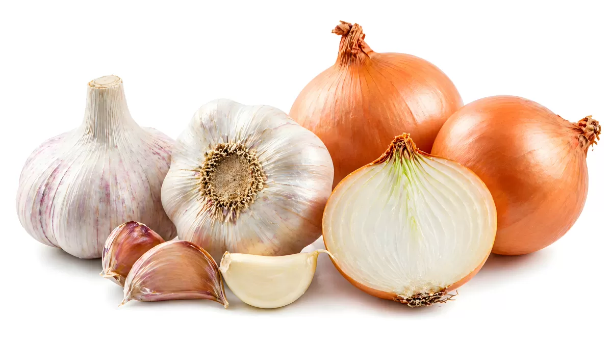 Frische Zwiebeln und Knoblauch auf weißem Hintergrund