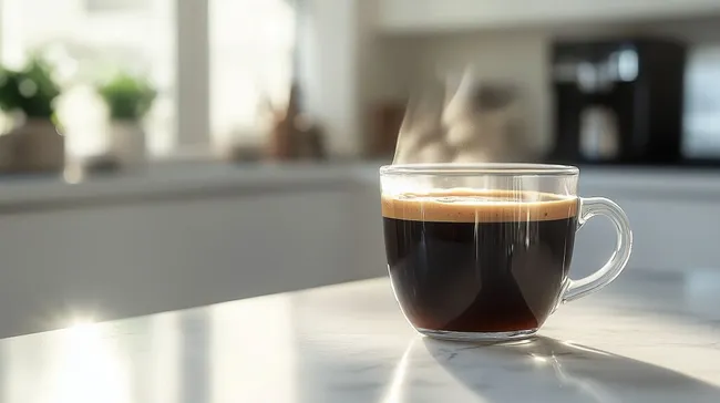 Frischer Americano-Kaffee mit Dampf auf heller Küchenoberfläche