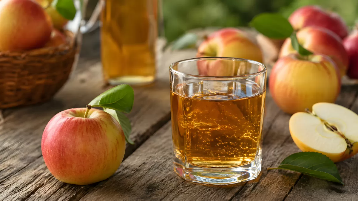 Frischer Apfelsaft im Glas mit reifen Äpfeln