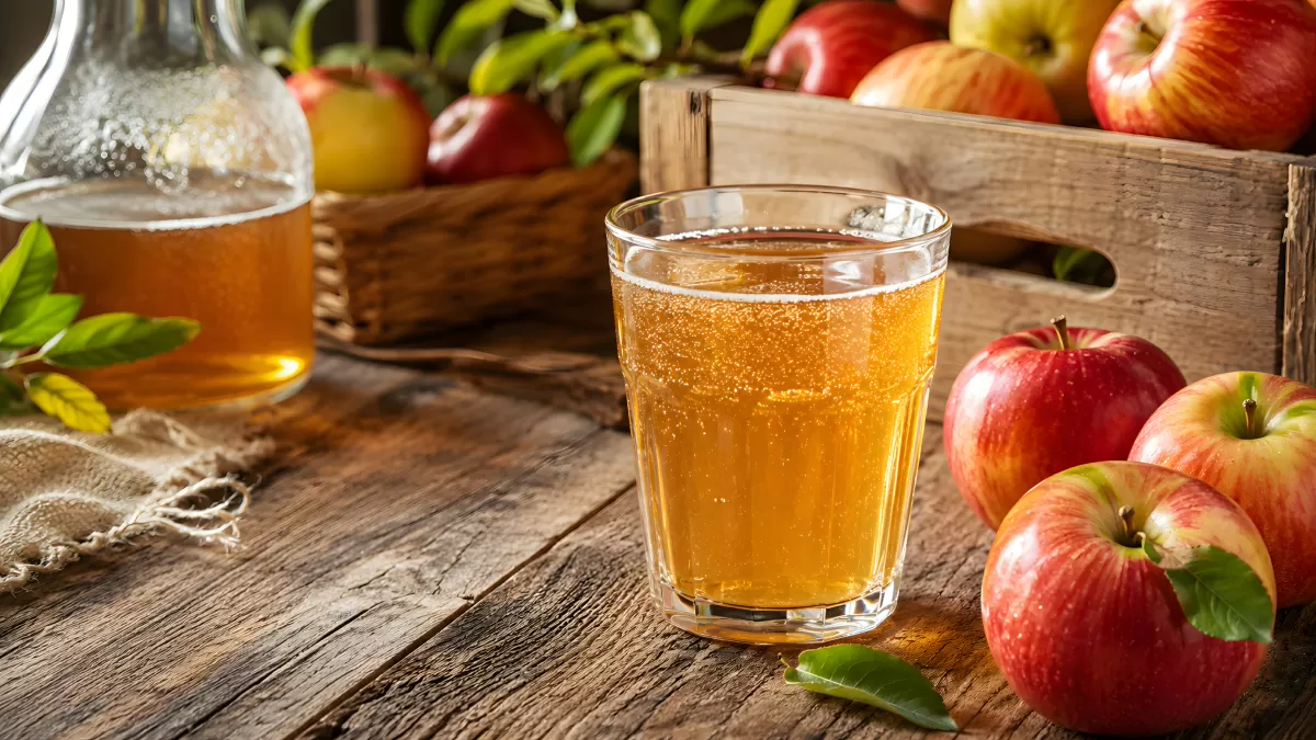Frischer Apfelsaft im Glas mit roten Äpfeln