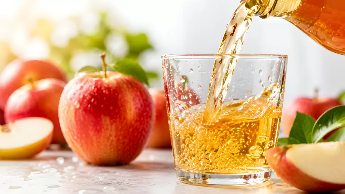 Frischer Apfelsaft wird in ein Glas eingegossen