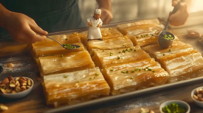 Frischer Baklava mit Honig und Pistazien
