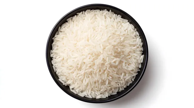 Frischer Basmati-Reis in schwarzer Schüssel