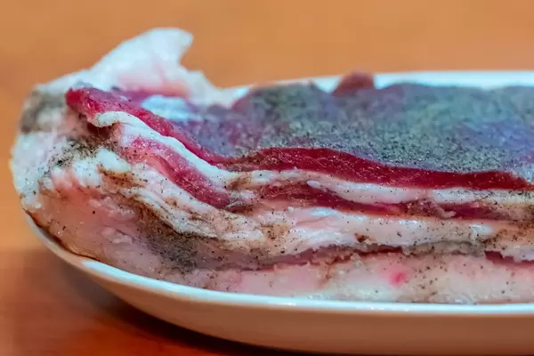 Frischer Bauchspeck vom Schwein mit Gewürzen