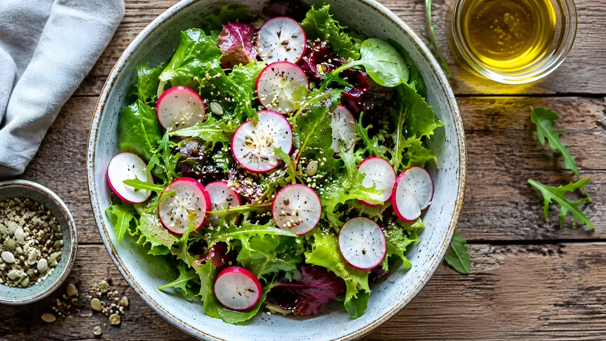 Frischer Blattsalat mit Radieschen und Sesam