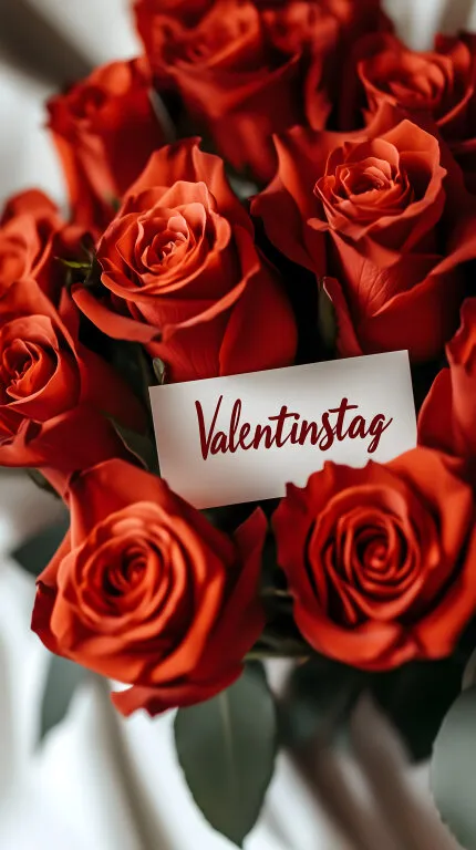 Frischer Blumenstrauß mit roten Rosen und Valentinstag-Grußkarte