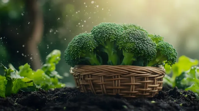 Frischer Brokkoli in rustikalem Korb auf Erde