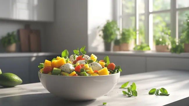 Frischer bunter Salat mit Mozzarella und Früchten