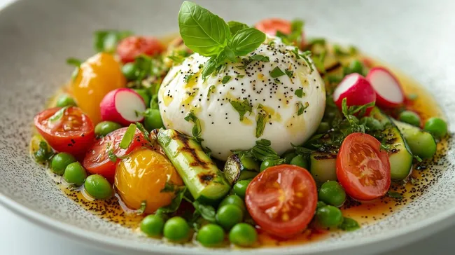 Frischer Burrata-Salat mit bunten Tomaten und Basilikum