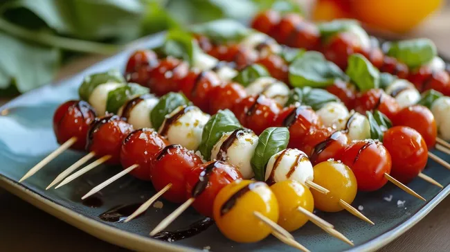 Frischer Caprese-Salat mit Tomatenhälfchen und Basilikum