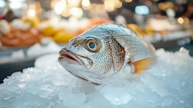 Frischer Doradenfisch auf Eis in Fischabteilung