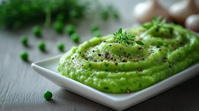 Frischer Erbsenpüree mit grünen Kräutern auf Teller