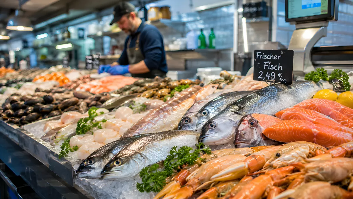 Frischer Fisch auf Eis an einem Marktstand