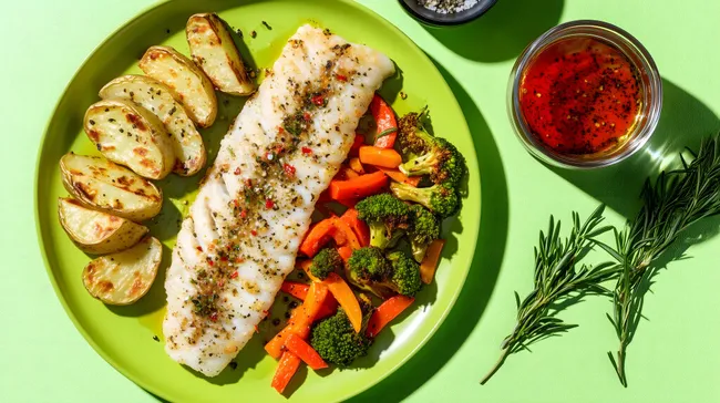 Frischer Fisch mit Ofenkartoffeln und knackigem Gemüse