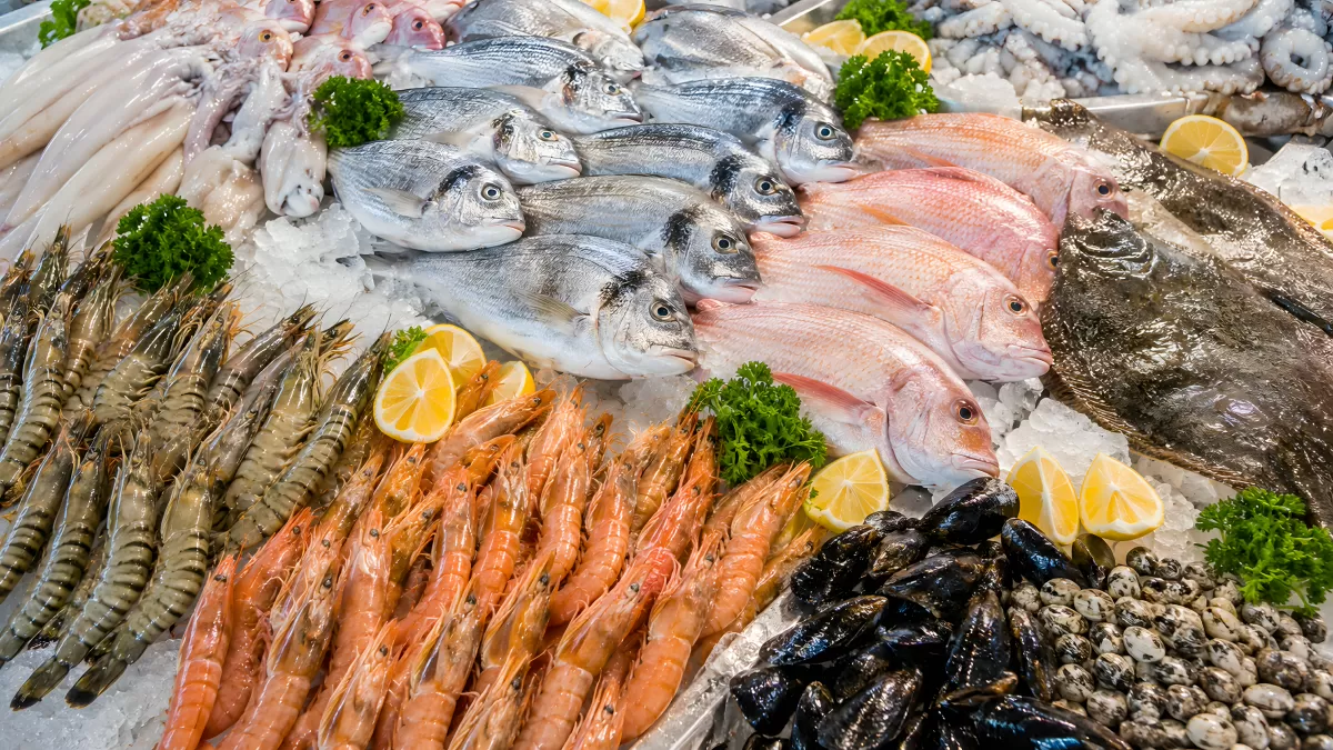 Frischer Fisch und Meeresfrüchte auf Eis im Markt
