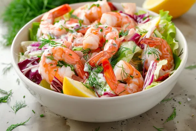 Frischer Garnelensalat mit Kräutern in schöner Schüssel