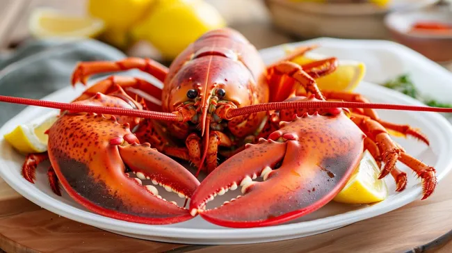 Frischer, gegarter Hummer mit Zitronenscheiben