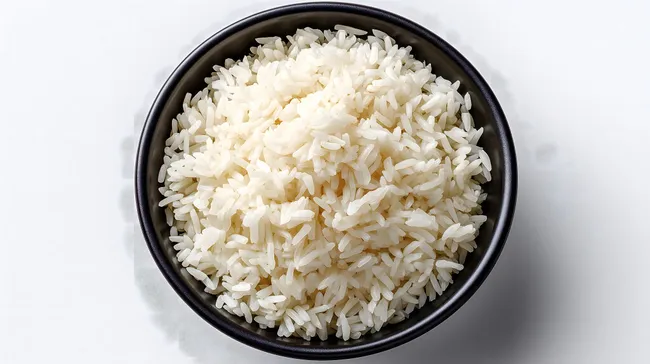Frischer, gekochter Langkornreis in schwarzer Schale