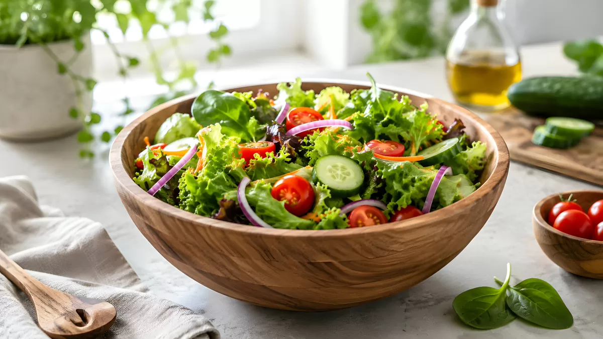 Frischer gemischter Salat in einer Holzschüssel