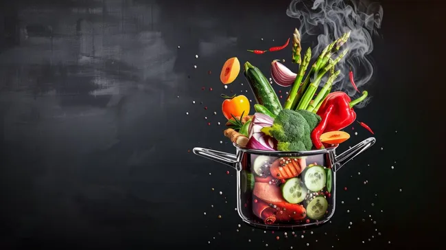 Frischer Gemüsehaufen in dampfender Kochtopf-Szene