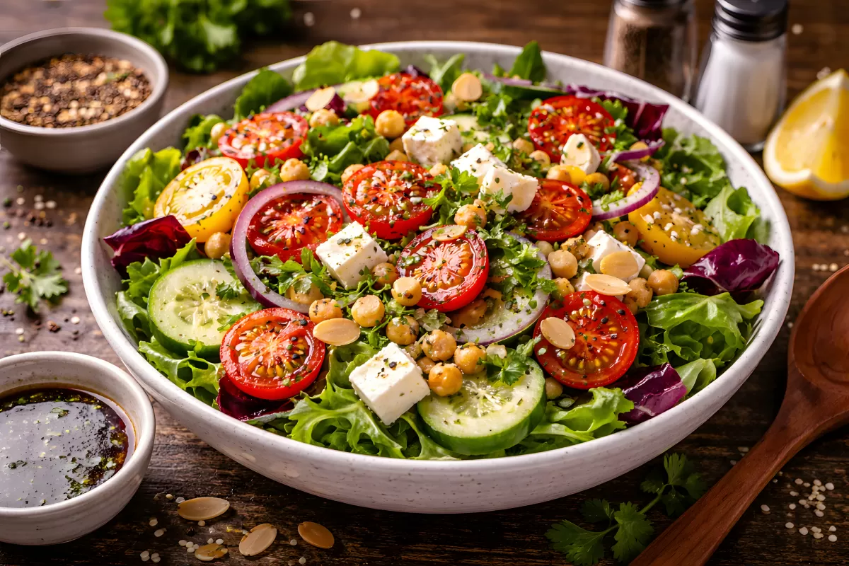 Frischer Gemüsesalat mit Kichererbsen und Zitrone