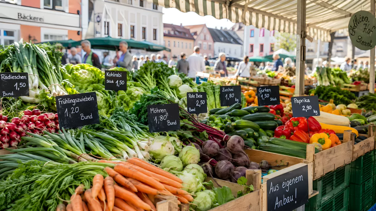 Frischer Gemüsestand auf einem deutschen Wochenmarkt
