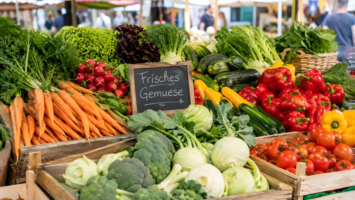 Frischer Gemüsestand auf einem Wochenmarkt