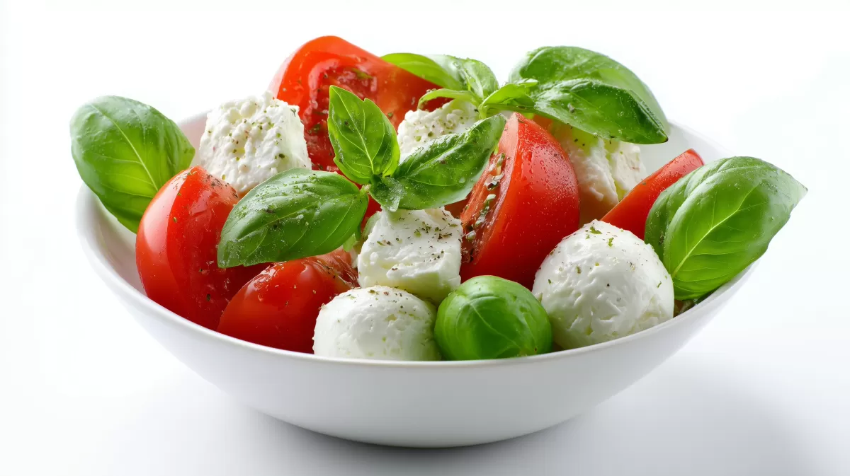 frischer gesunder gemüsesalat mit tomaten, mozzarella und basilikum