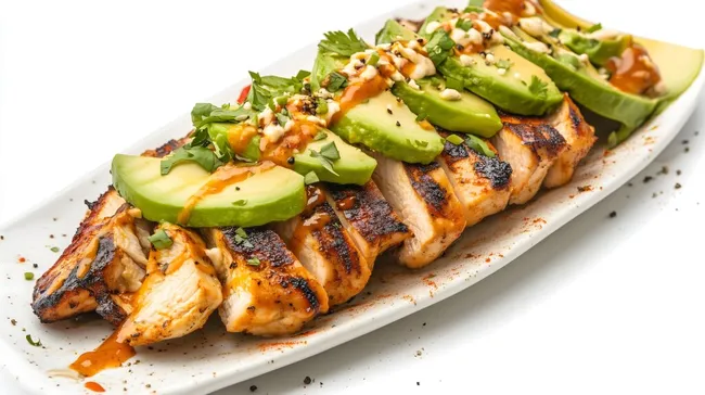 Frischer Grillhähnchen-Avocado-Salat auf hellem Teller