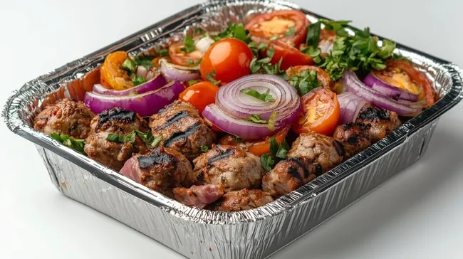 Frischer Grillspieß mit Gemüse auf rustikaler Servierplatte