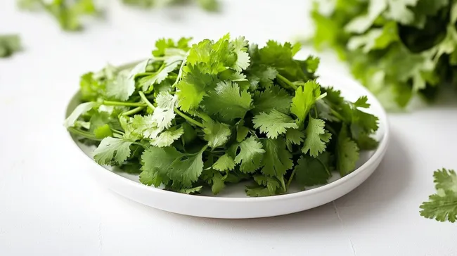 Frischer grüner Koriander auf weißer Schüssel