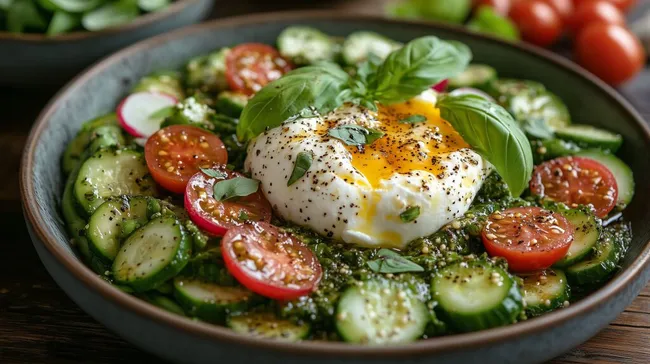 Frischer grüner Salat mit Burrata und reifen Tomaten