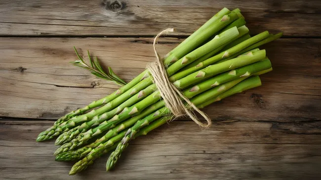 Frischer grüner Spargelbund auf Holztisch
